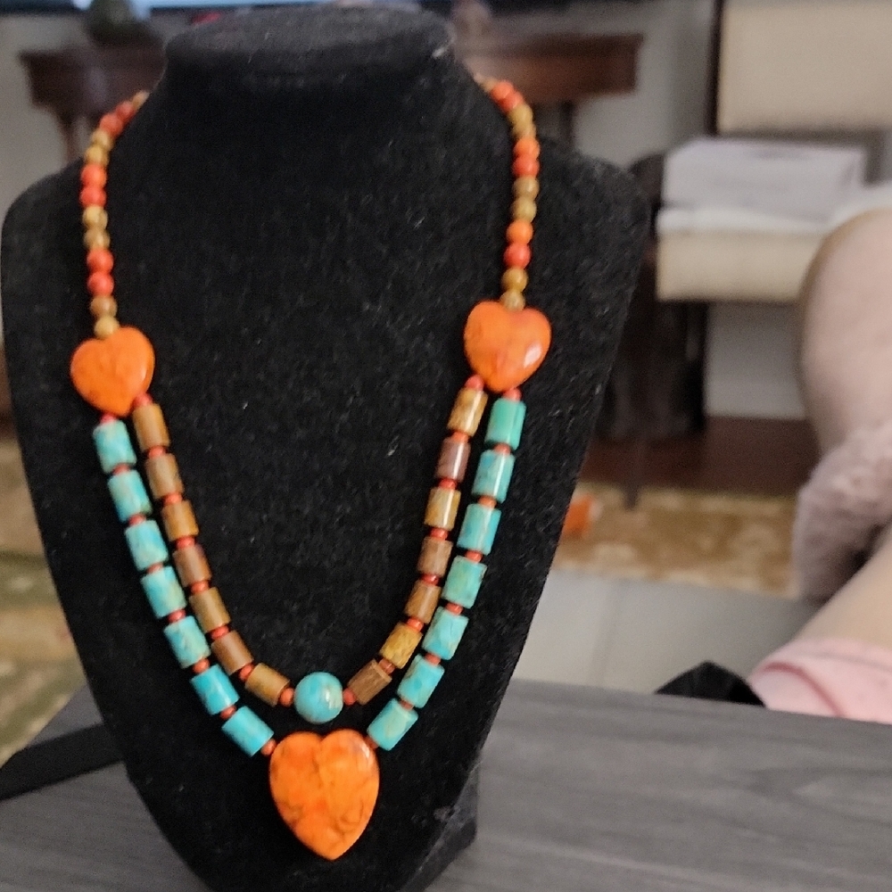 Orange and Turquoise Heart Necklace